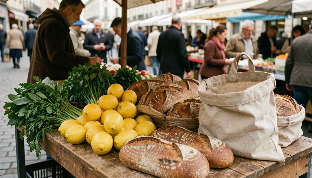 Market stall with fresh greens, lemons, whole grain bread and a cloth bag ready to fill