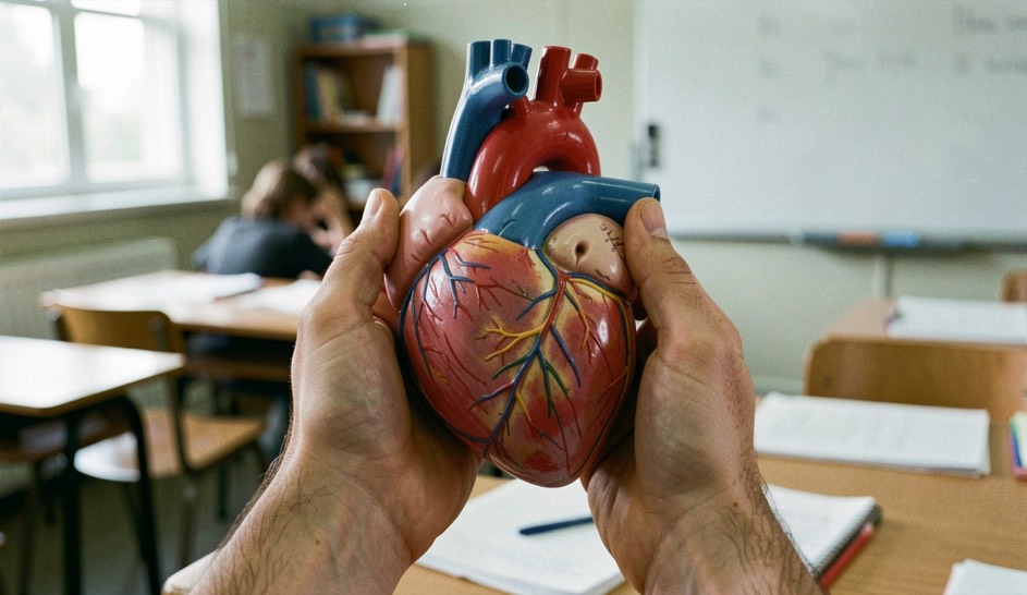 Plastic anatomy model of a human heart held between two hands above a classroom table