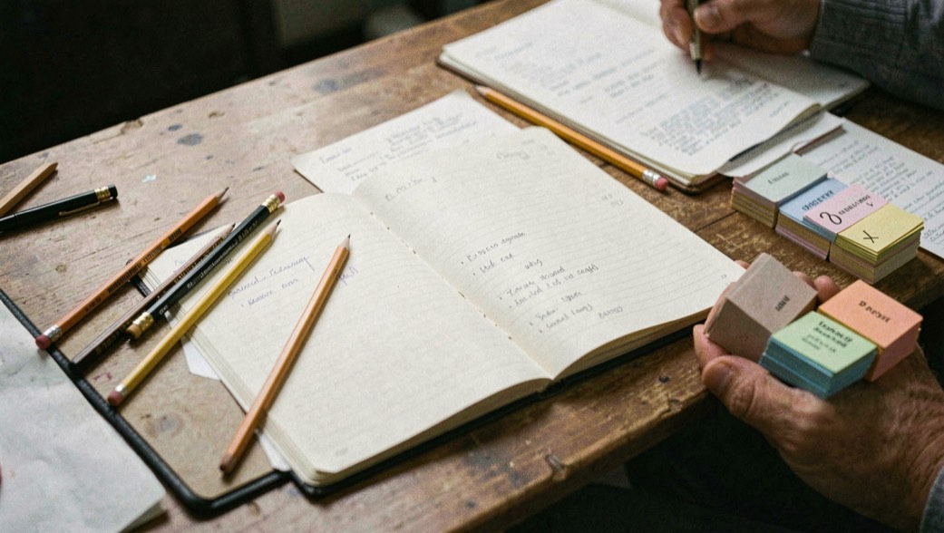 Reporter desk with an open notebook, sharpened pencils and index cards sorted by hand