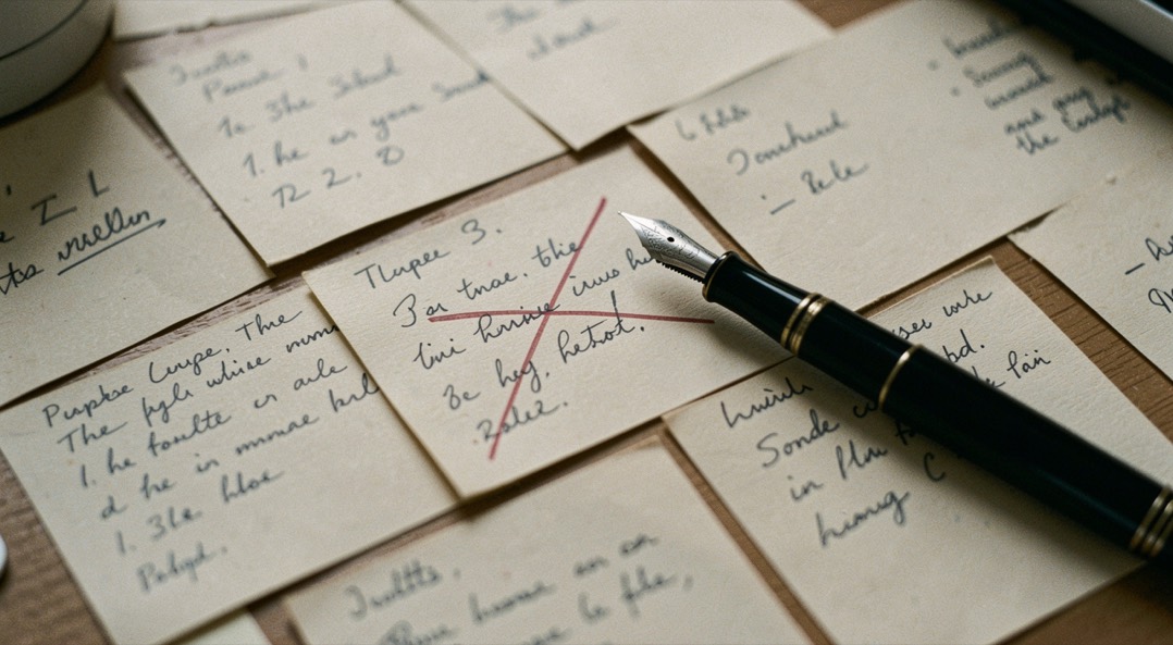 Handwritten index cards spread on a desk with a fountain pen and a crossed out draft