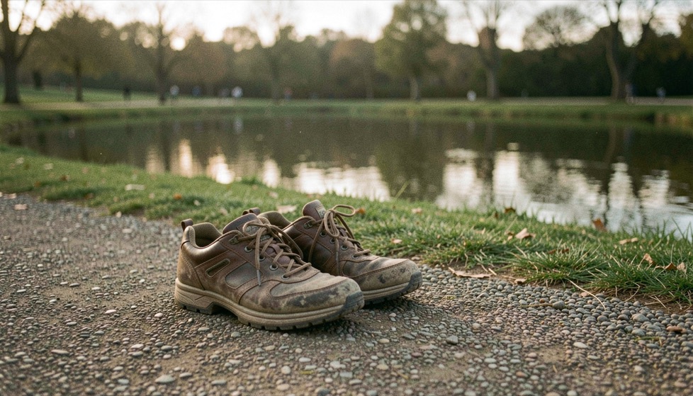 Pair of worn walking shoes on a gravel path beside a park pond in early light