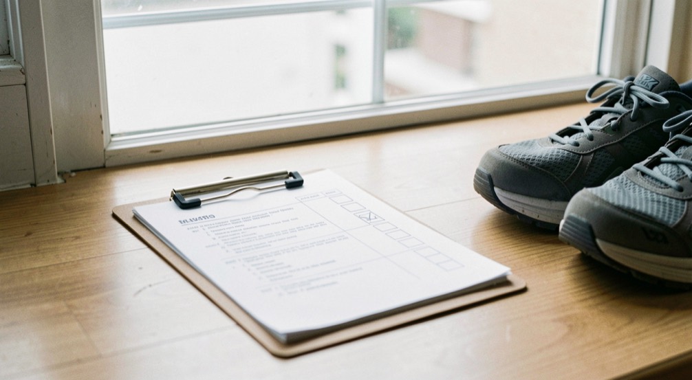 Paper checklist on a clipboard next to walking shoes by a bright apartment door