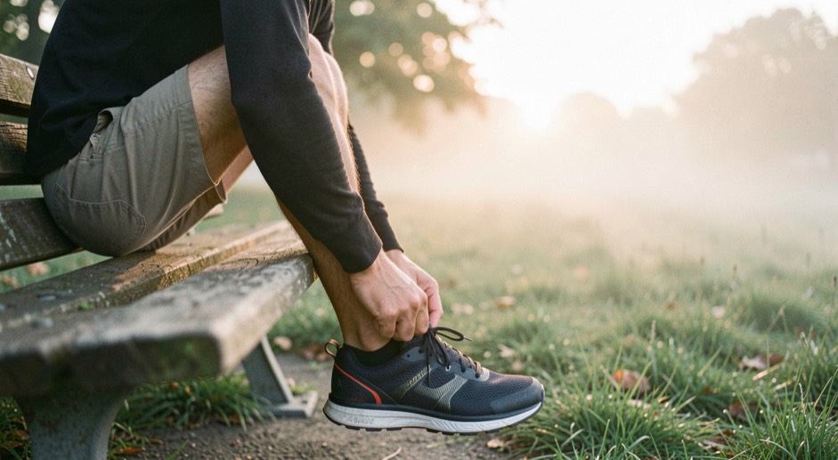 Runner tying walking shoes on a park bench at sunrise with mist over cut grass