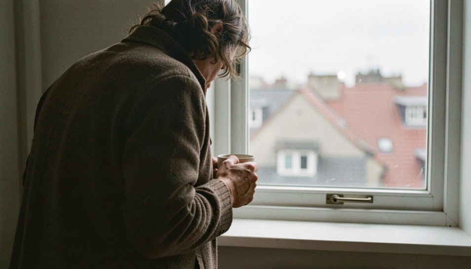 A kitchen table at 7 a.m. in winter, a closed laptop pushed to one side, a half-full mug of coffee, a small open notebook with one handwritten line, soft grey daylight from a window on the left, shot from slightly above at arm's length.
