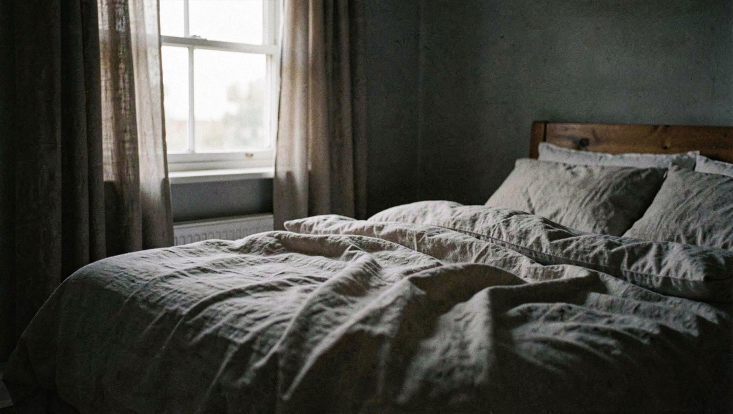 A low wooden stool and a folded grey blanket on a bare floor beside a window, morning light falling across the seat, shot from a slight angle at knee height.