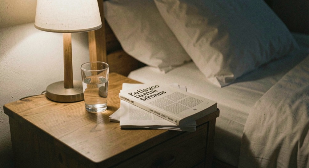 A single wooden chair beside a narrow window in a retreat house chapel, morning light falling across a closed notebook on the seat, shot from a low angle with the room mostly in shadow.
